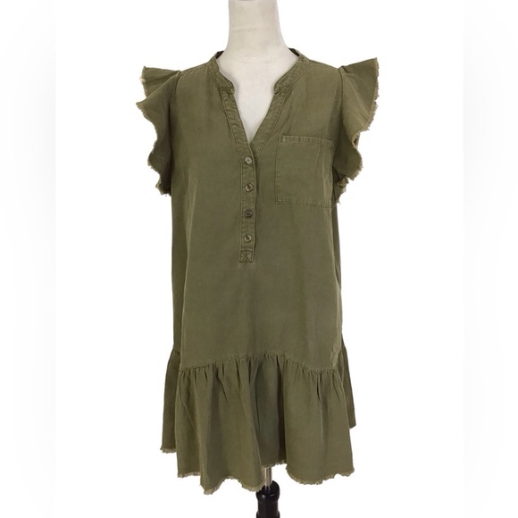Miou Muse Ruffle Swing Dress Olive Green Size Large - Picture 2 of 7